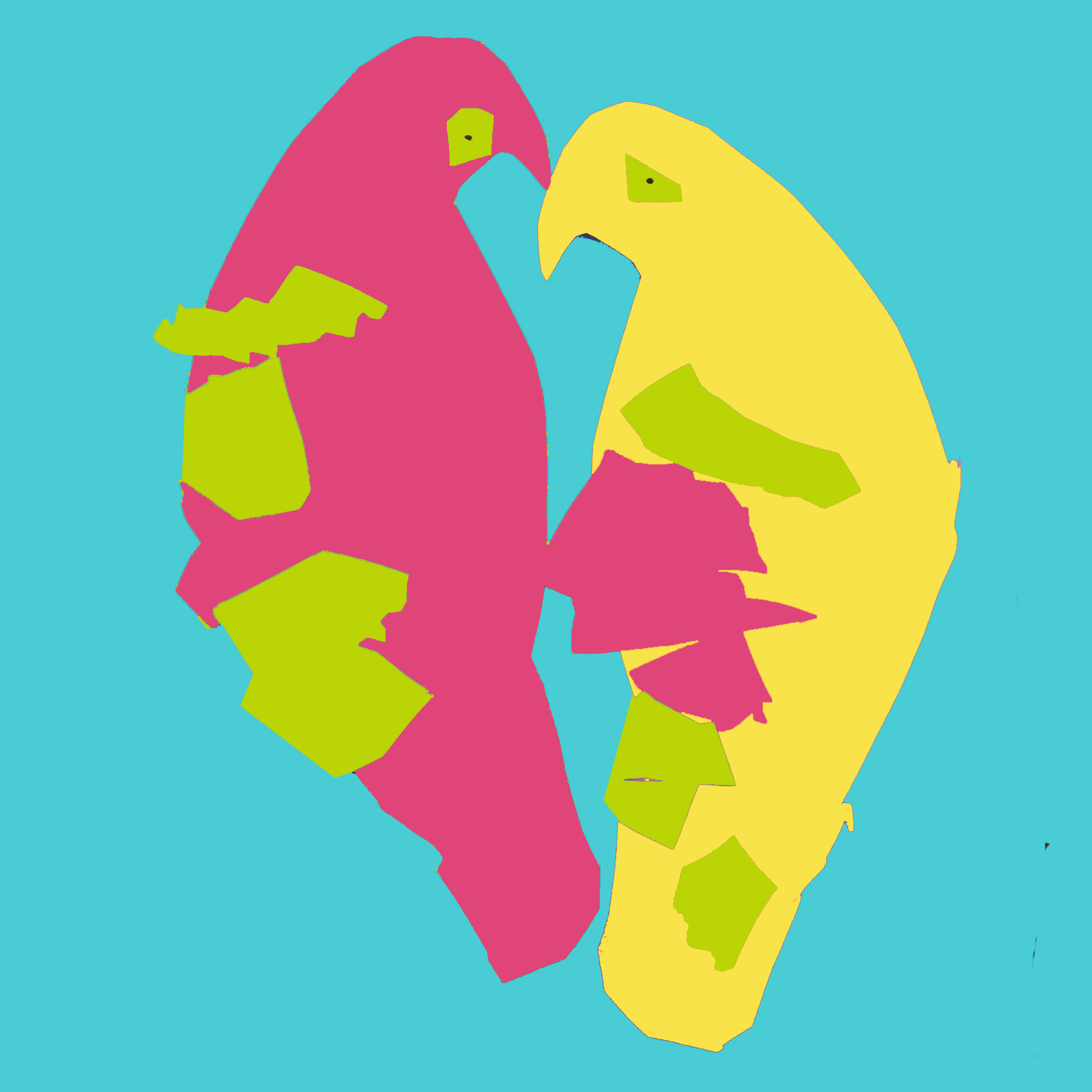An artists impression of two birds close together facing each other. One bird is pink and the other yellow and they are on a blue background
