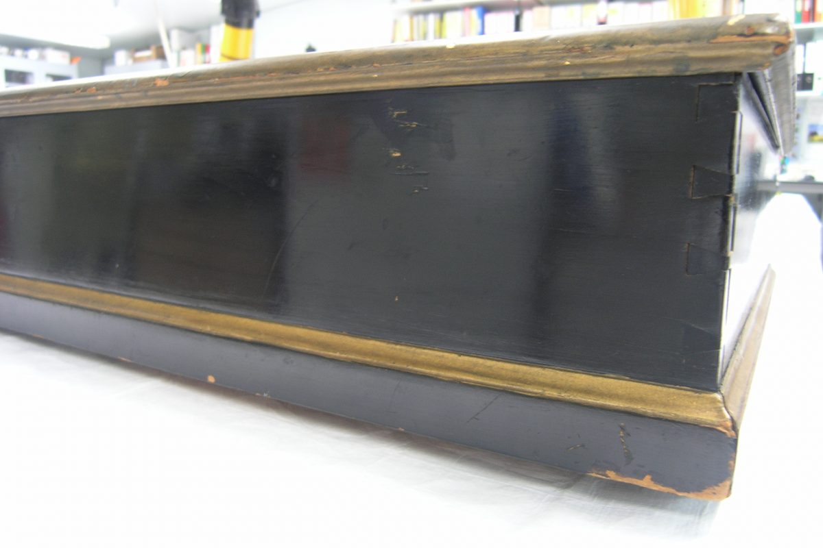 detail of clavichord showing repairs