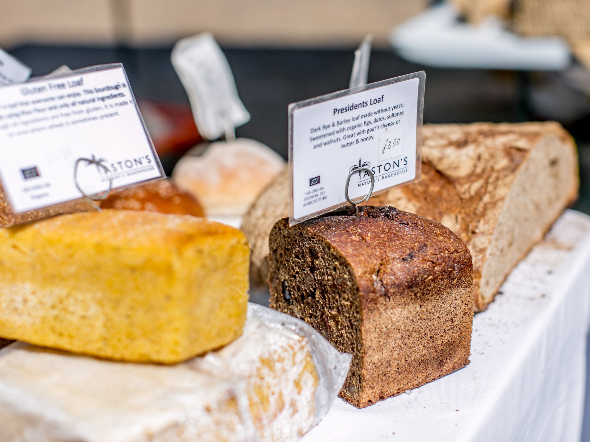A group of bread loaves on a table, all with price and name cards stuck in the top