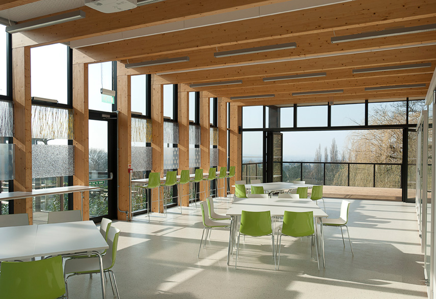 Inside the Horniman pavilion. Tables and chairs are dotted around