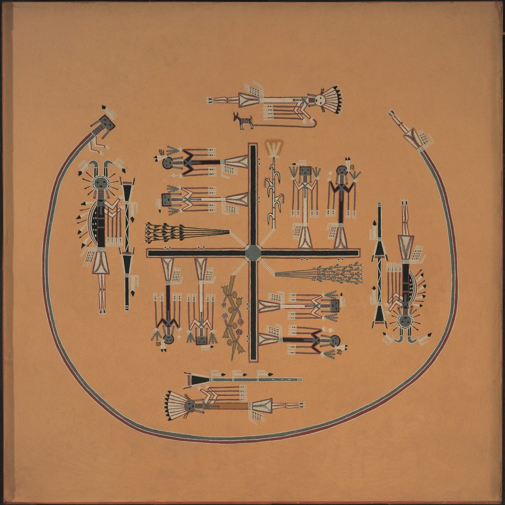 A sand painting with a wide circular outer band and many shapes and patterns in the centre