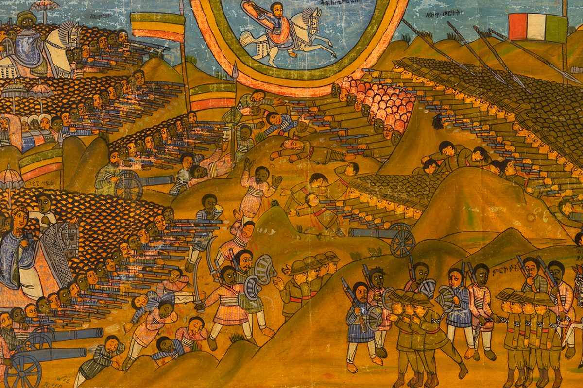 Painting depicting battle, solders and men with cannons and guns.