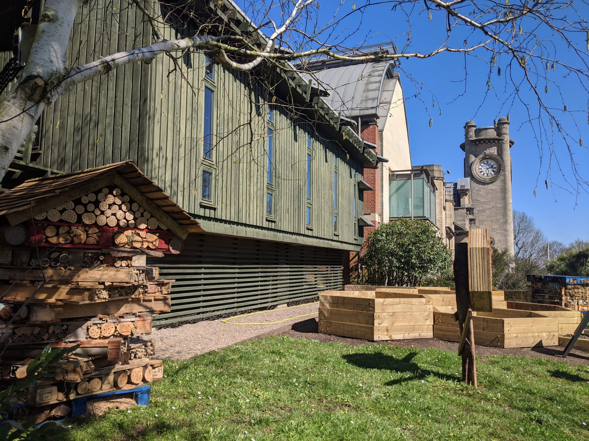 A small lawn in front of the Horniman buildings with wooden short planters and loose wooden houses made of bamboo and palettes to create bee houses