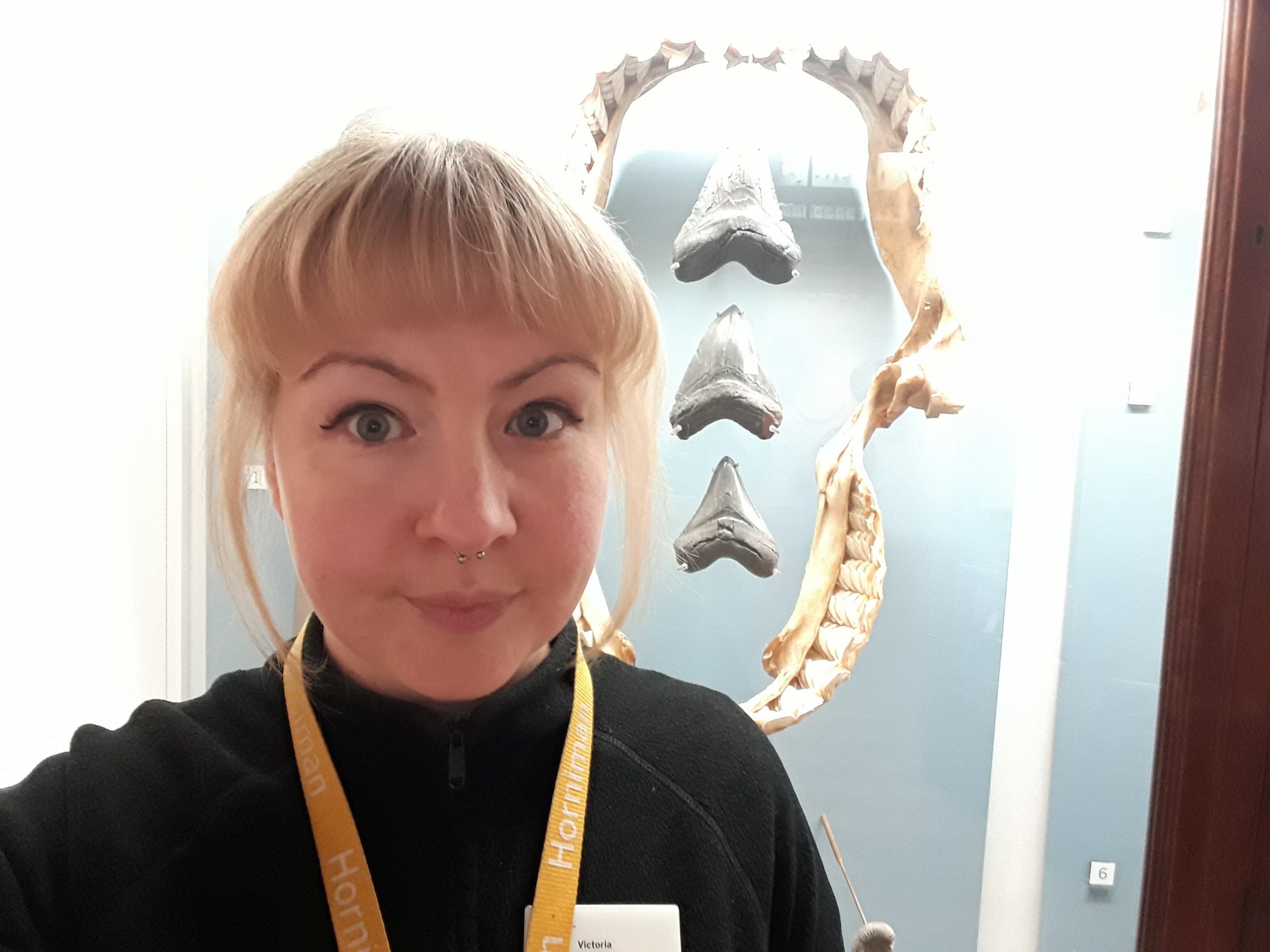 Female visitor host standing in front of display case containing teeth