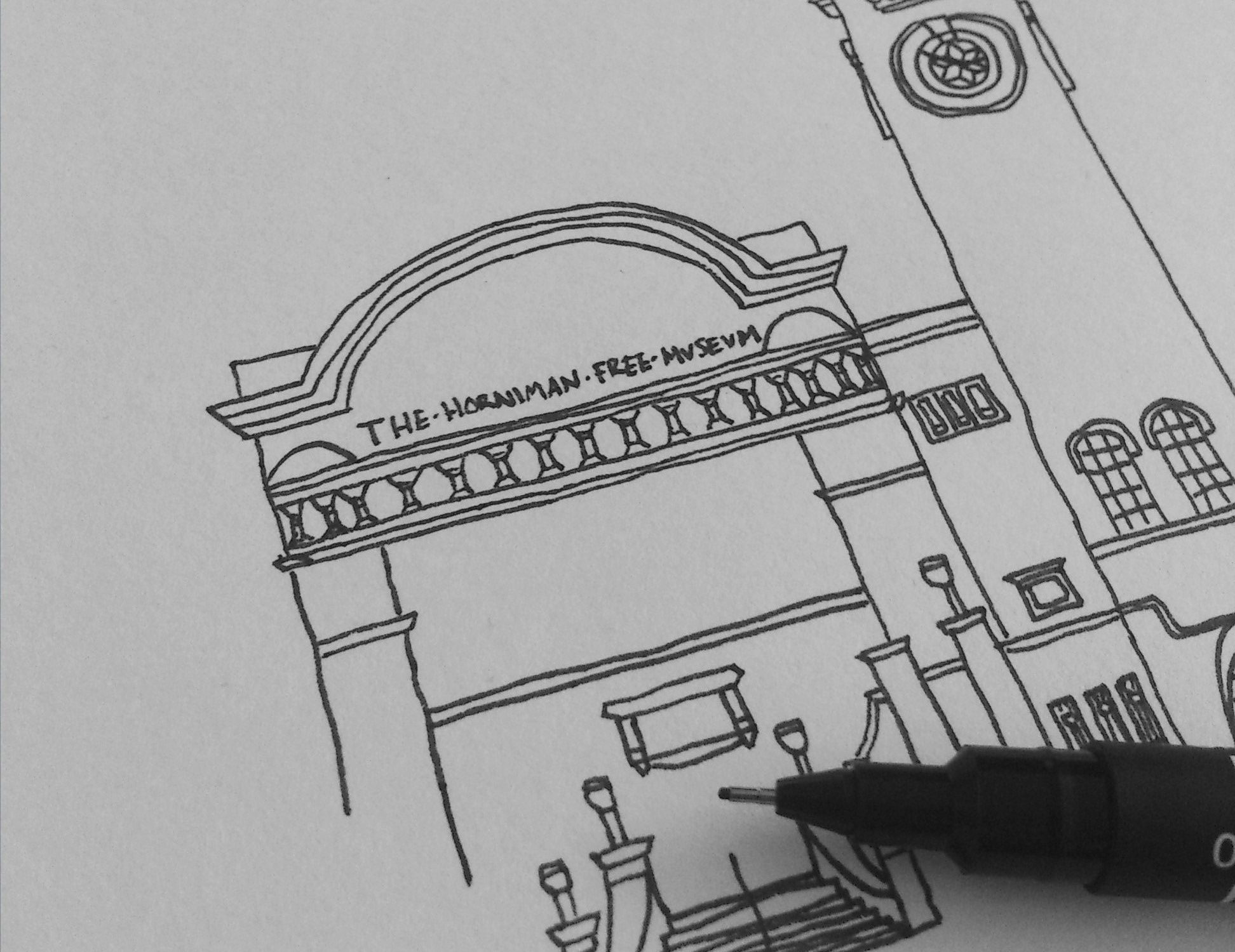 Drawing of the Horniman building and clocktower