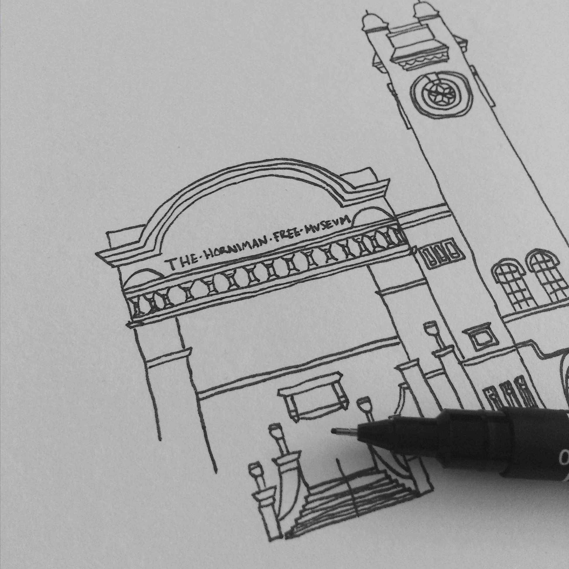 Drawing of the Horniman building and clocktower