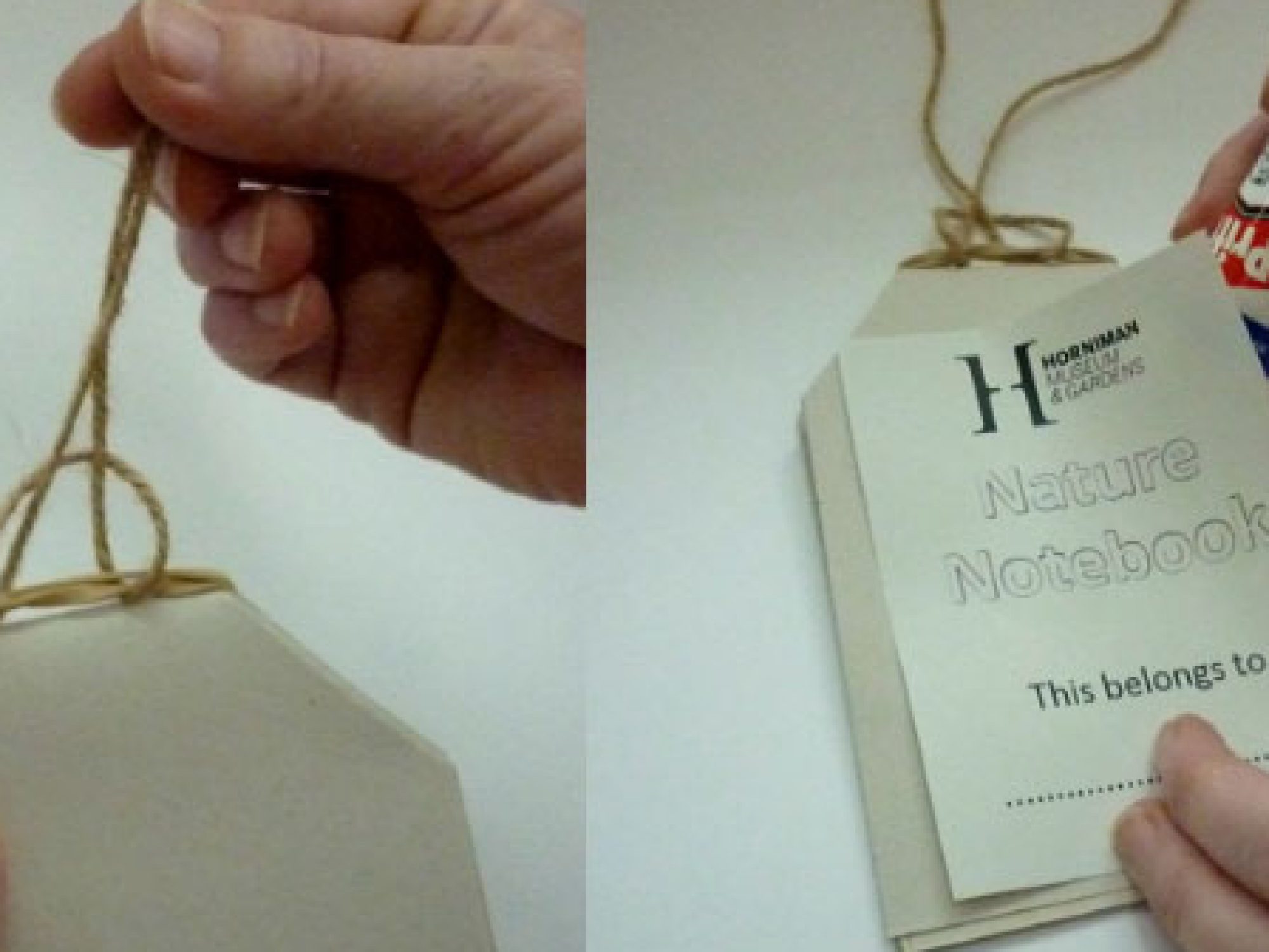 An image divided into four tiles with card being folded and cut in one, string attached in two, tied in three and a cover glued on in four