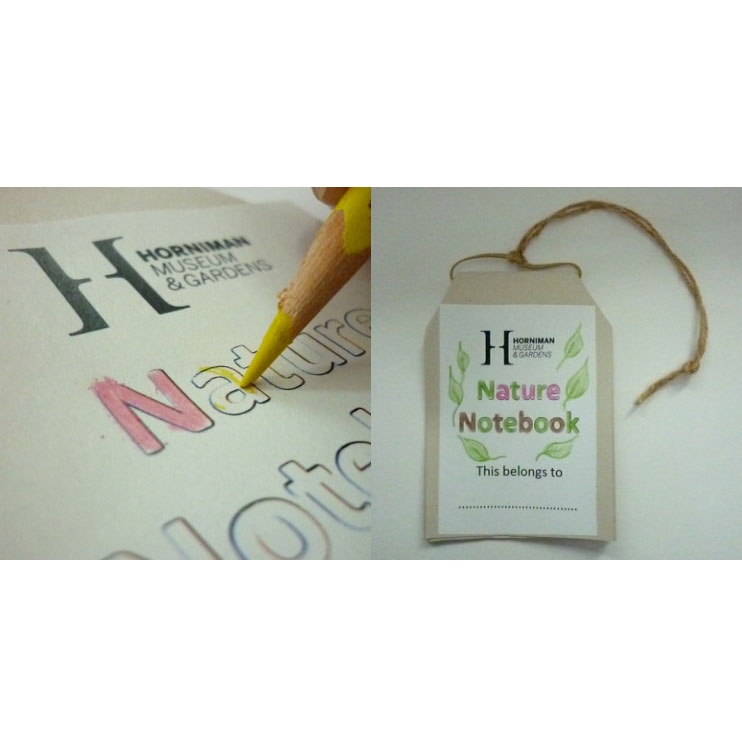 Two images side by side: the left is a close up of a yellow pencil colouring in text, the right is of a completed nature notebook