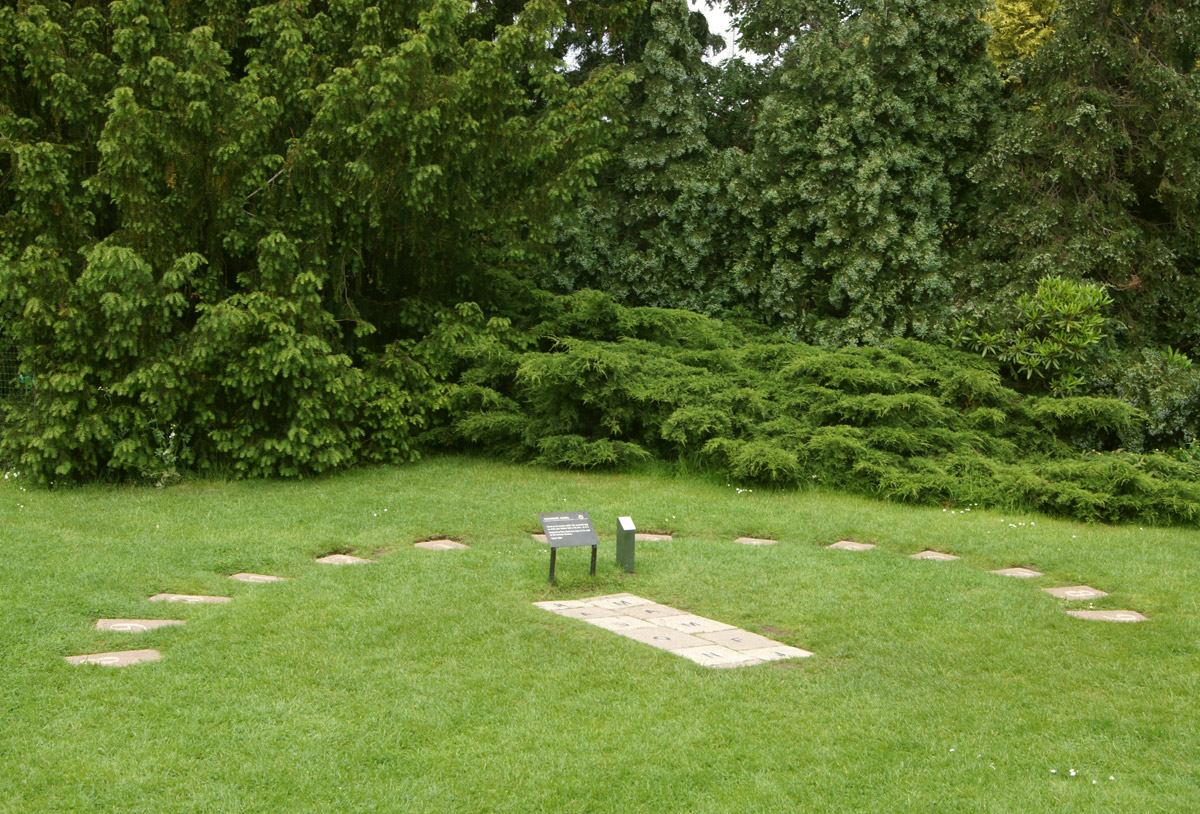 A series of stone flagstones on grass, acting as a sundial