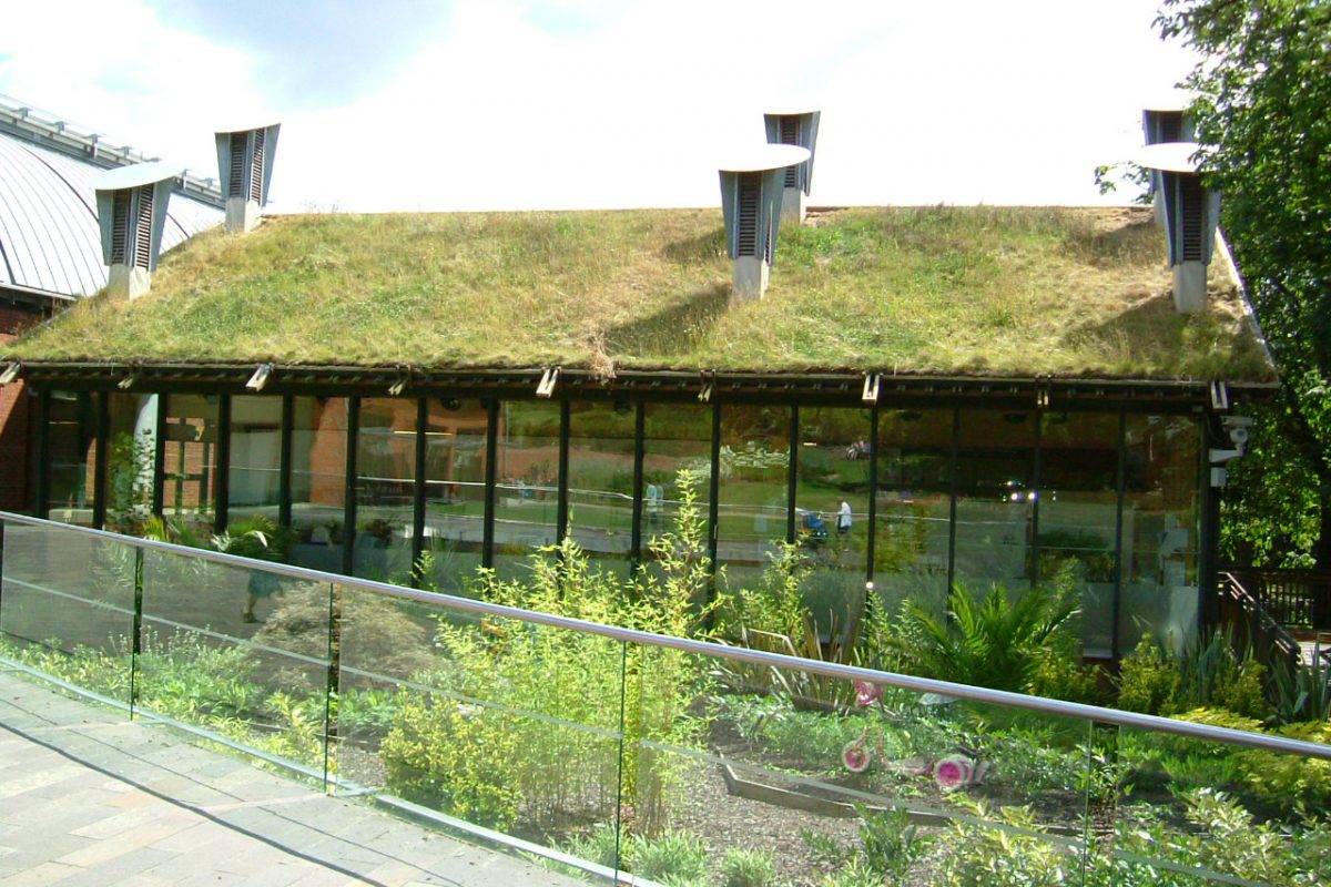 Glass building with grass on the roof. Bridge going past the building in the foreground. Greenery separates the bridge and building.