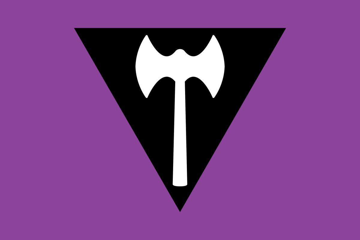 purple flag with black triangle and inverted axe