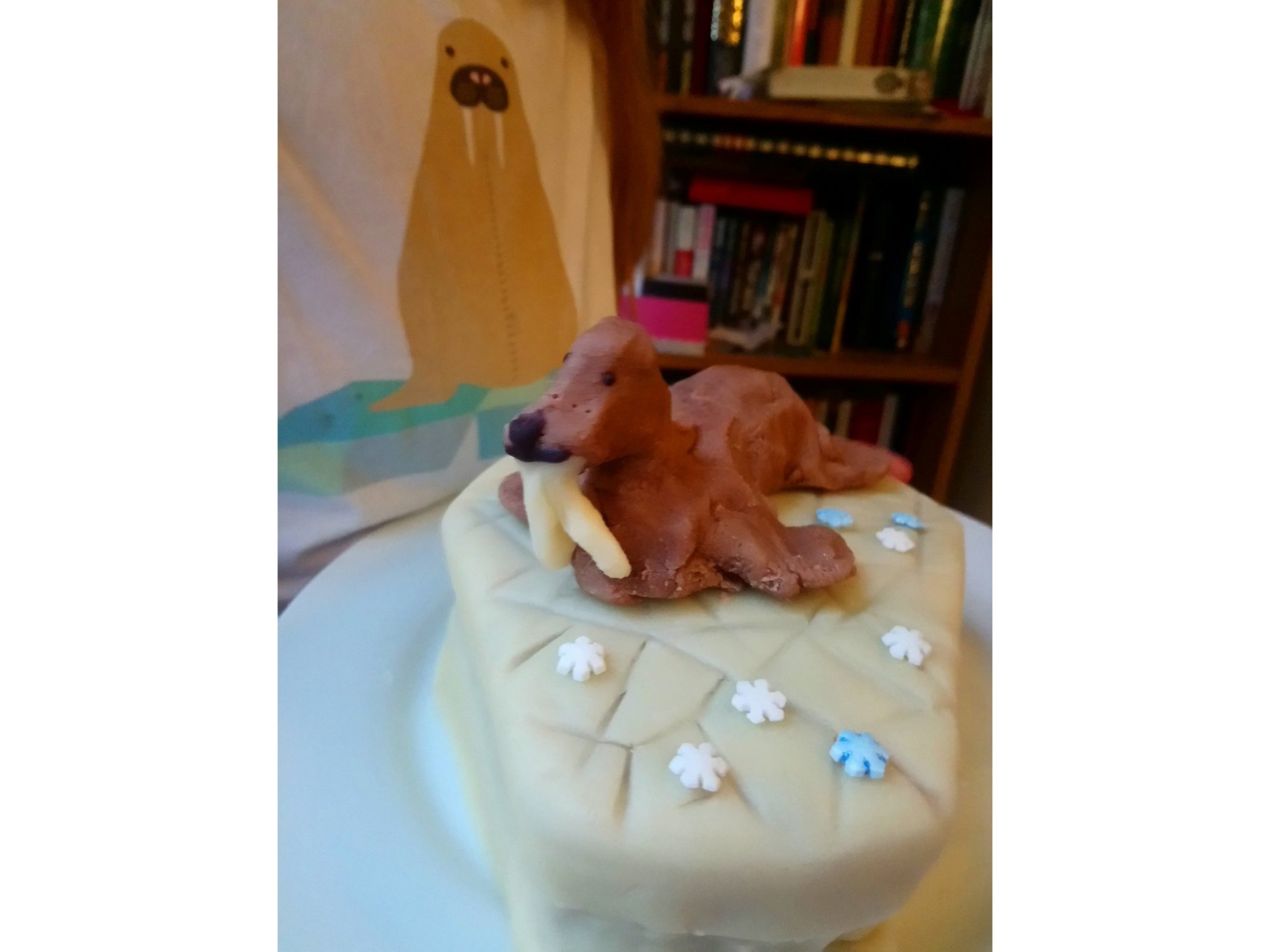 Mazpan cake with walrus on the top