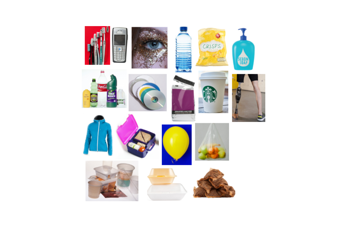 Various single-use plastic items including bottle, glitter and toothbrushes