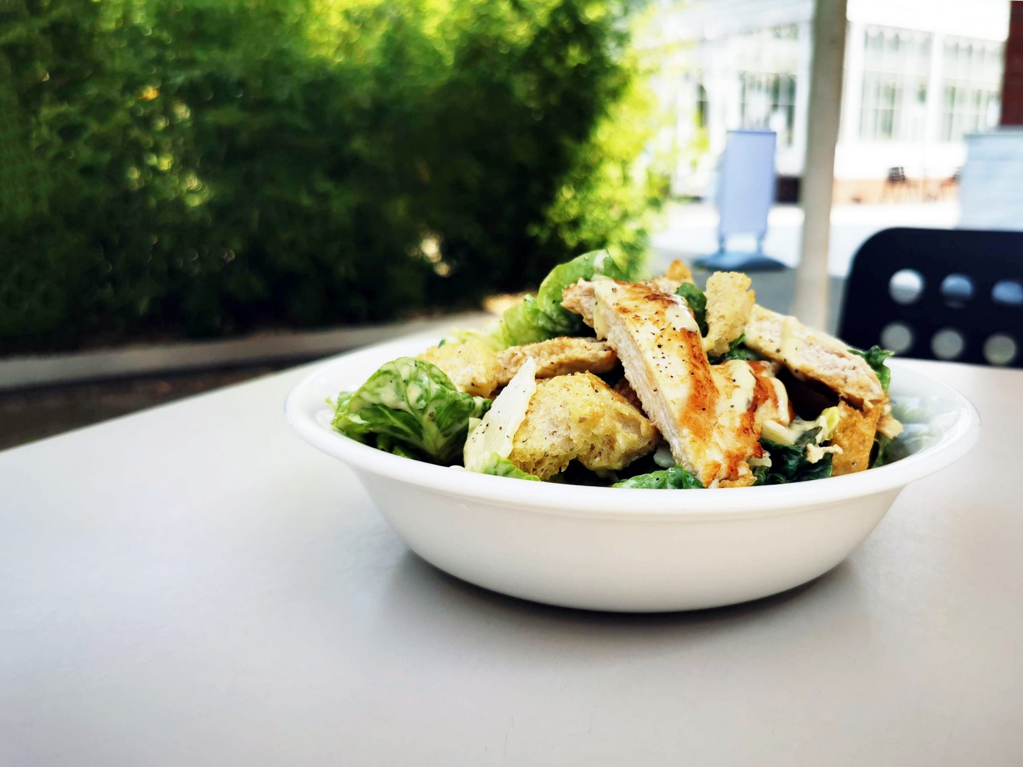 Chicken slices and salad in a bowl on a table with green are in the background.