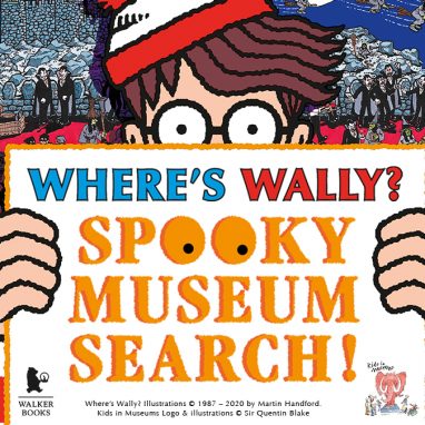 Cartoon of man holding up sign that reads, Wheres Wally? Spooky Museum Search!