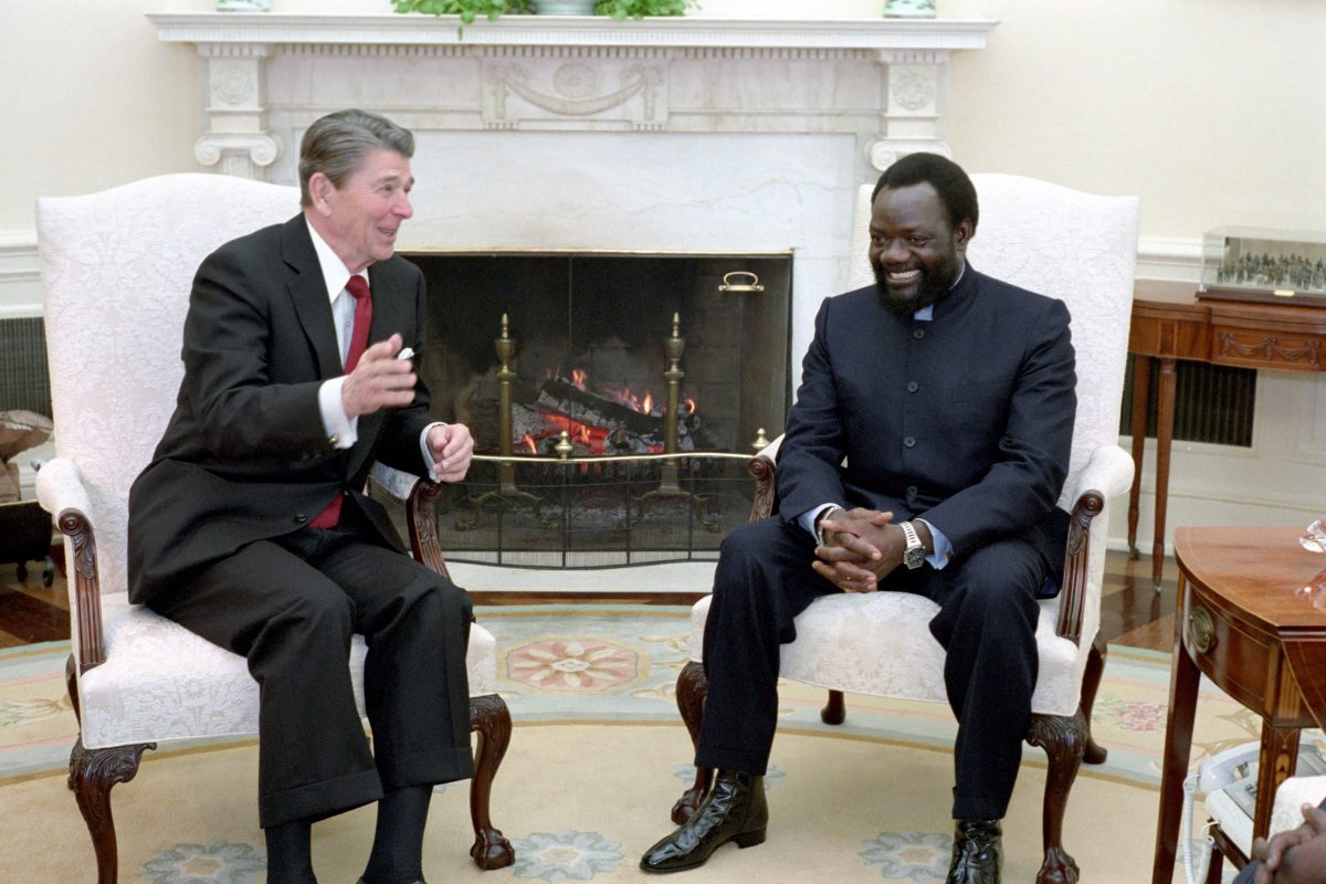 US president Ronald Reagan with Jonas Savimbi in the White House
