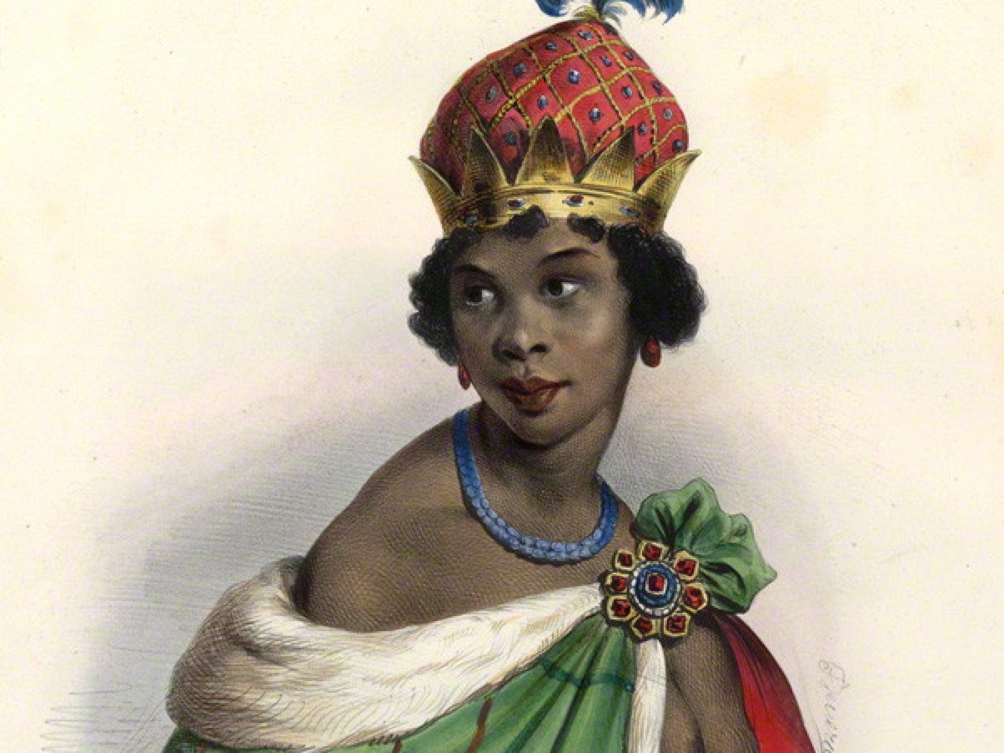 A drawing of a queen wearing green