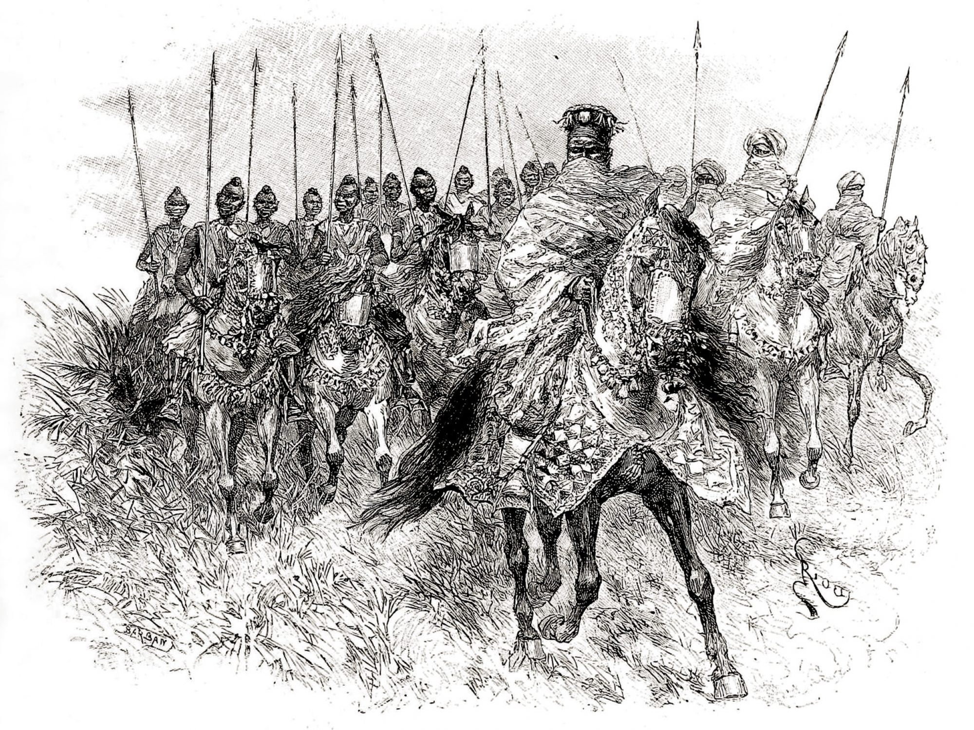 Drawing of the Mossi king on horseback with cavalry