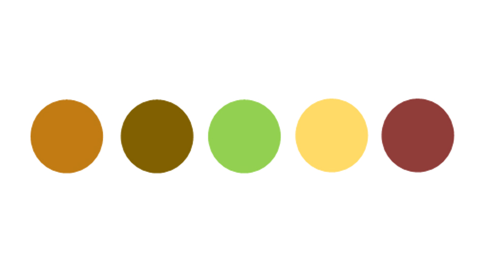 5 circles in a line, brown, dark brown, green, yellow, darkish brown red.