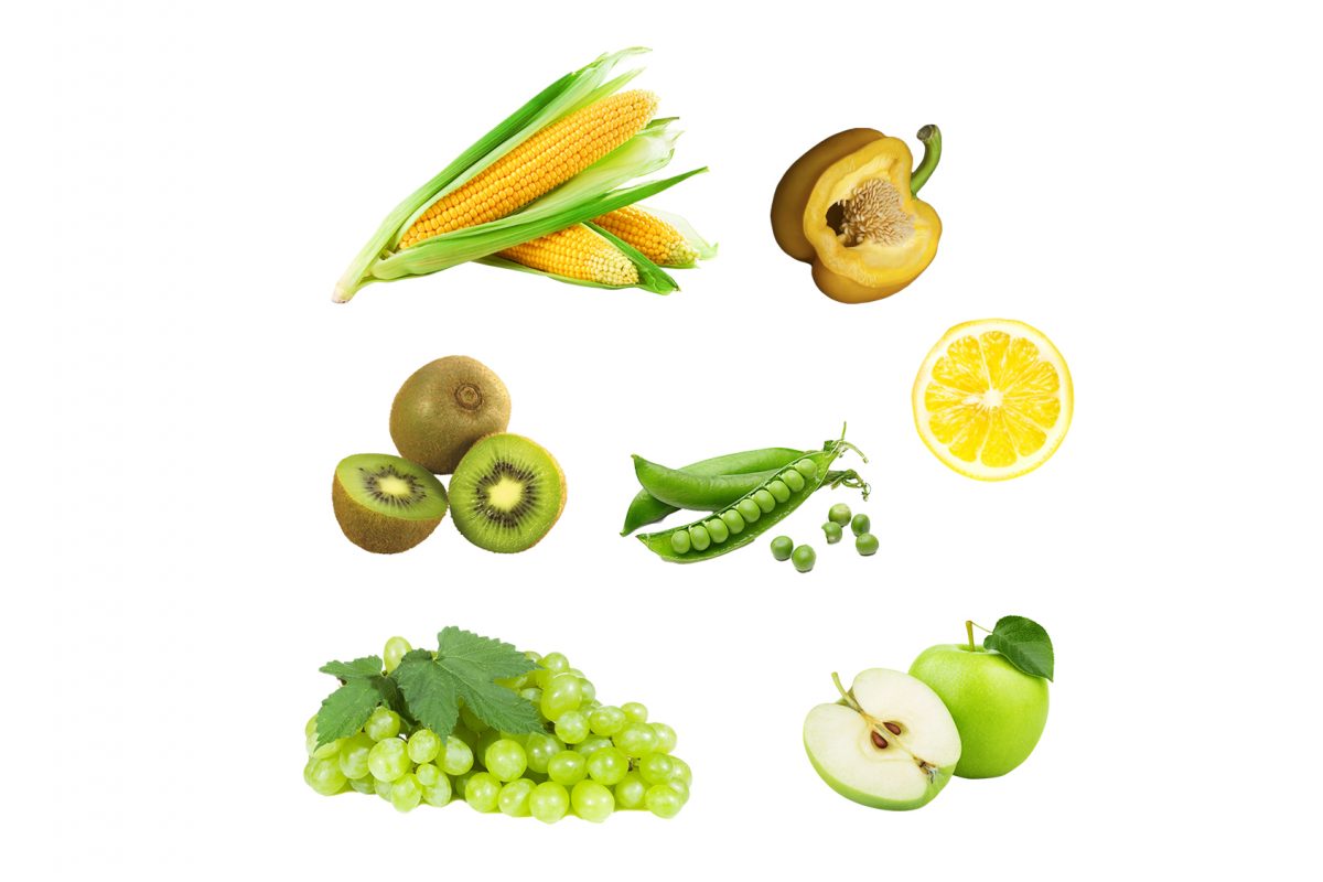A selection of fruits and vegetables, including grapes, kiwi, corn, greenbeans, apple, lemon and a pepper.