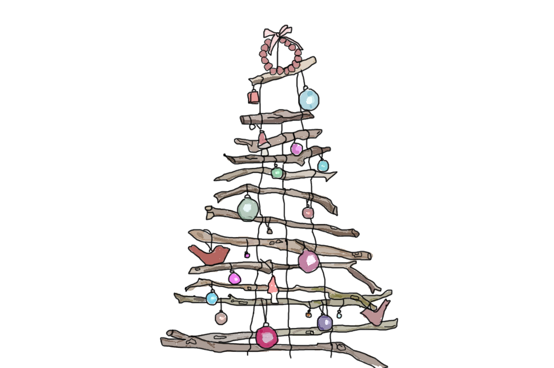 Twig Christmas tree with bauble decorations