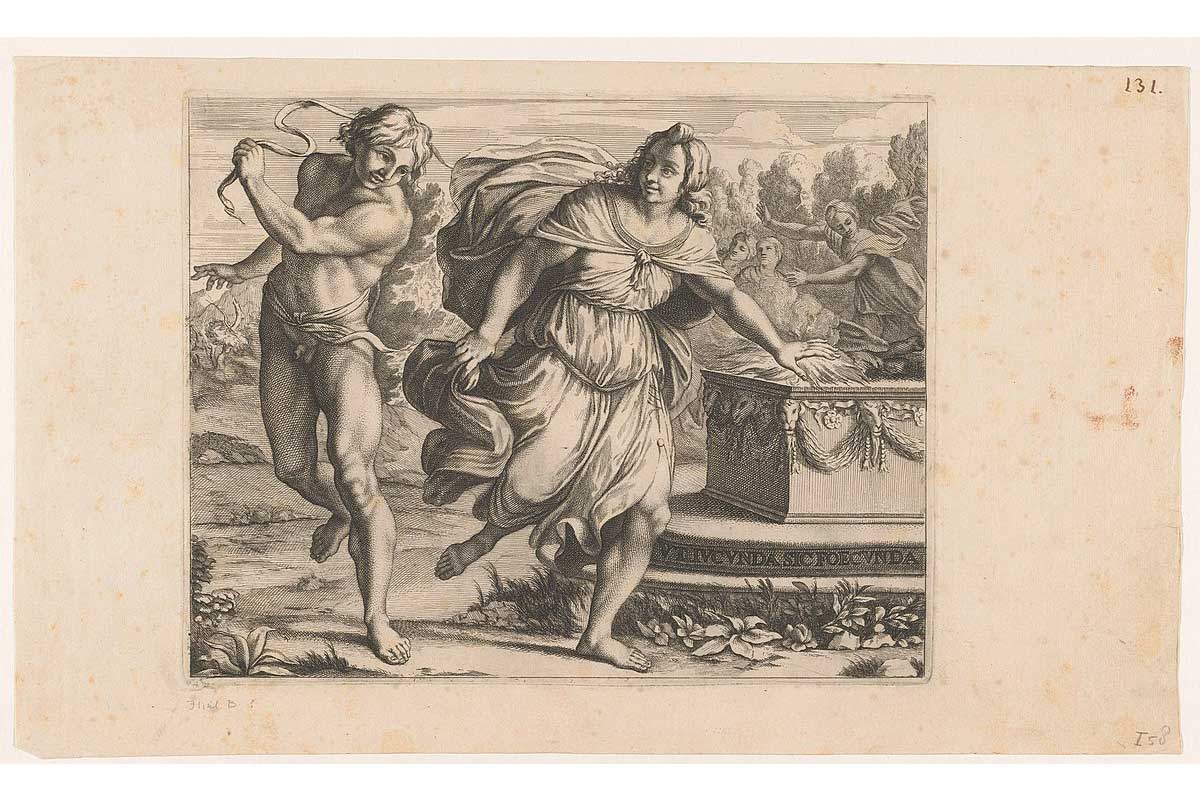 Figures during the Lupercalia. A naked young man beats a young woman with a goatskin belt. To the right an altar on which a fire burns