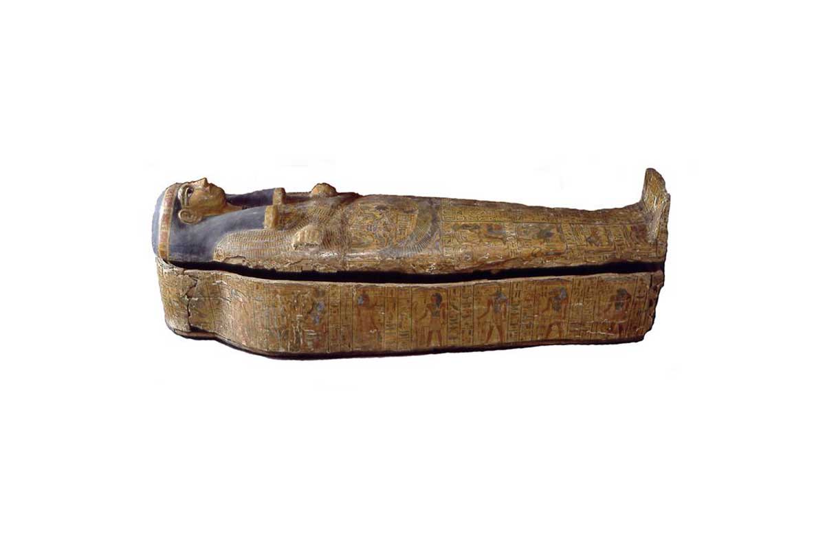 Image shows a sarcophagus of an Egyptian mummy