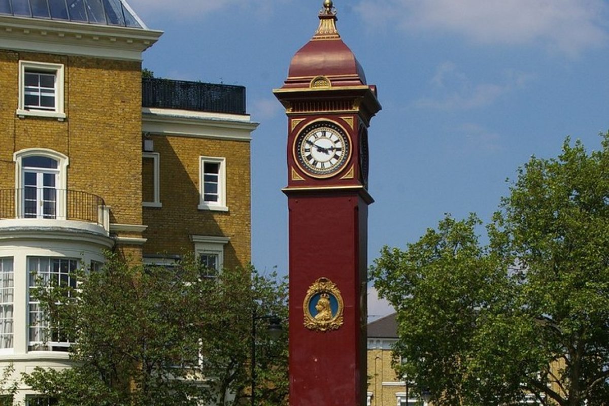 A red metal clocktower