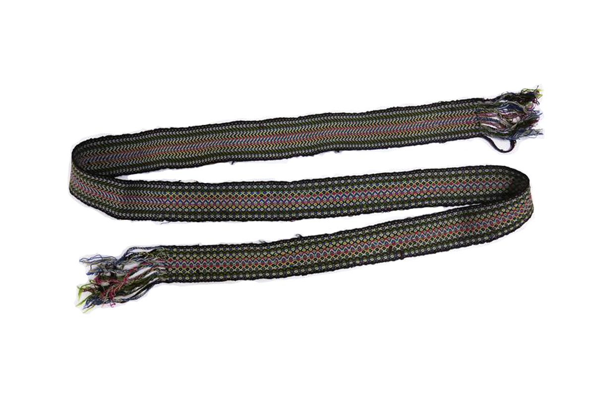 Sash (waistcloth); woven wool and cotton; multicoloured stripes - half herringbone, half diamond pattern.