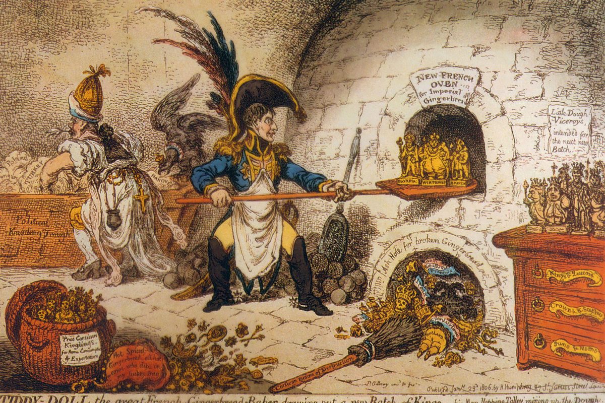 An old drawing of a baker baking countries kings and queens like gingerbread