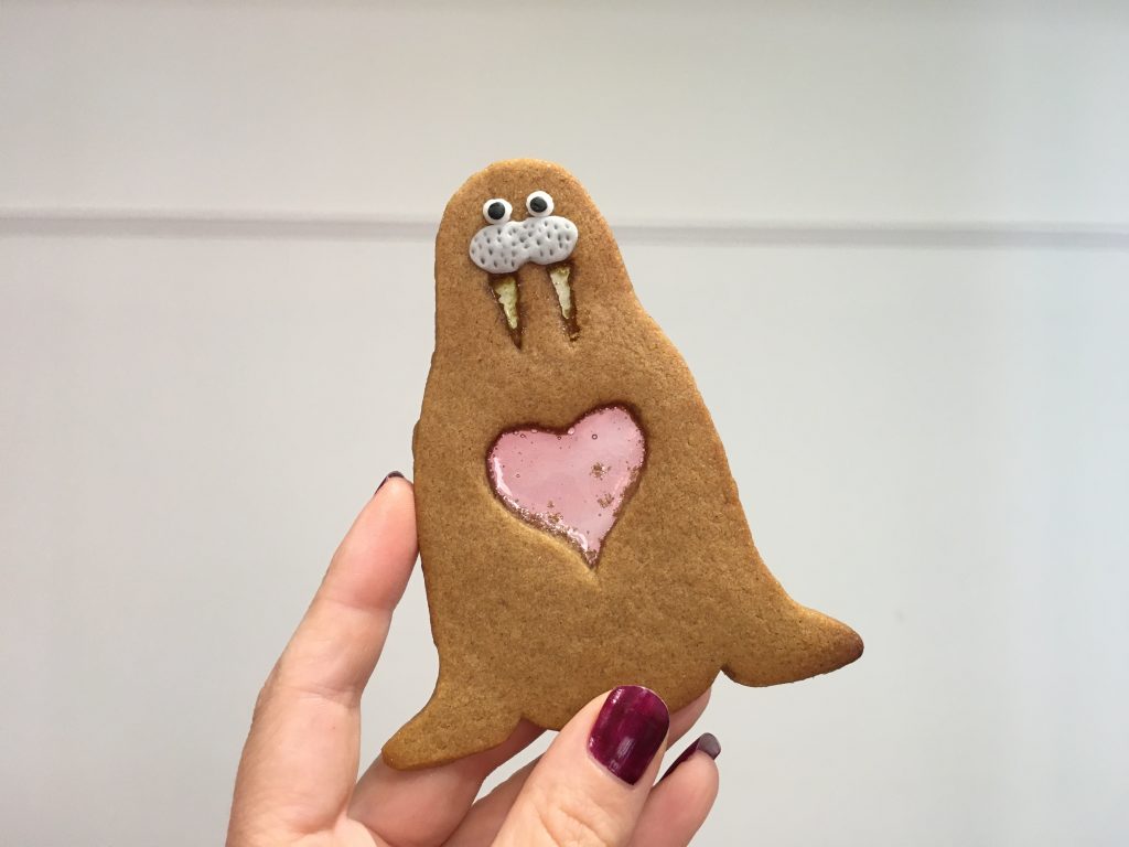 A gingerbread cookie shaped like a walrus