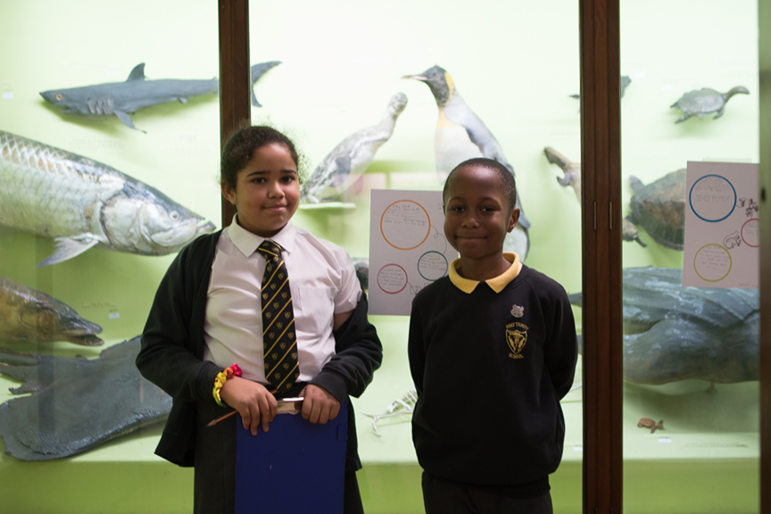 Two school children stand in front of a display case in the Natural History Gallery