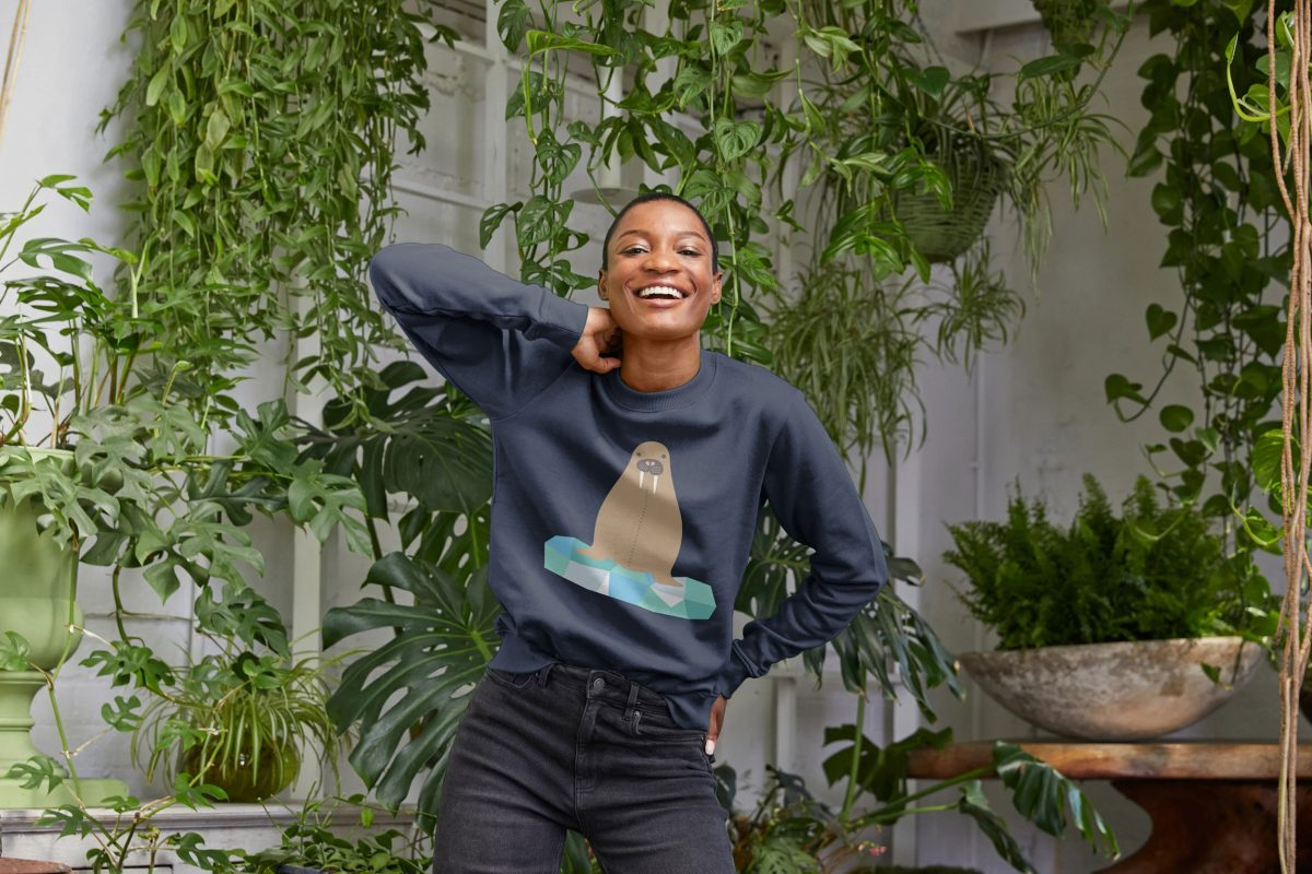 Model wearing a walrus sweatshirt