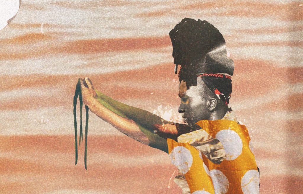 A collage style image where a Black womxn holds up two pieces of hair