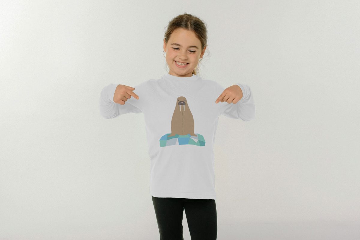 Child model wearing a walrus t shirt