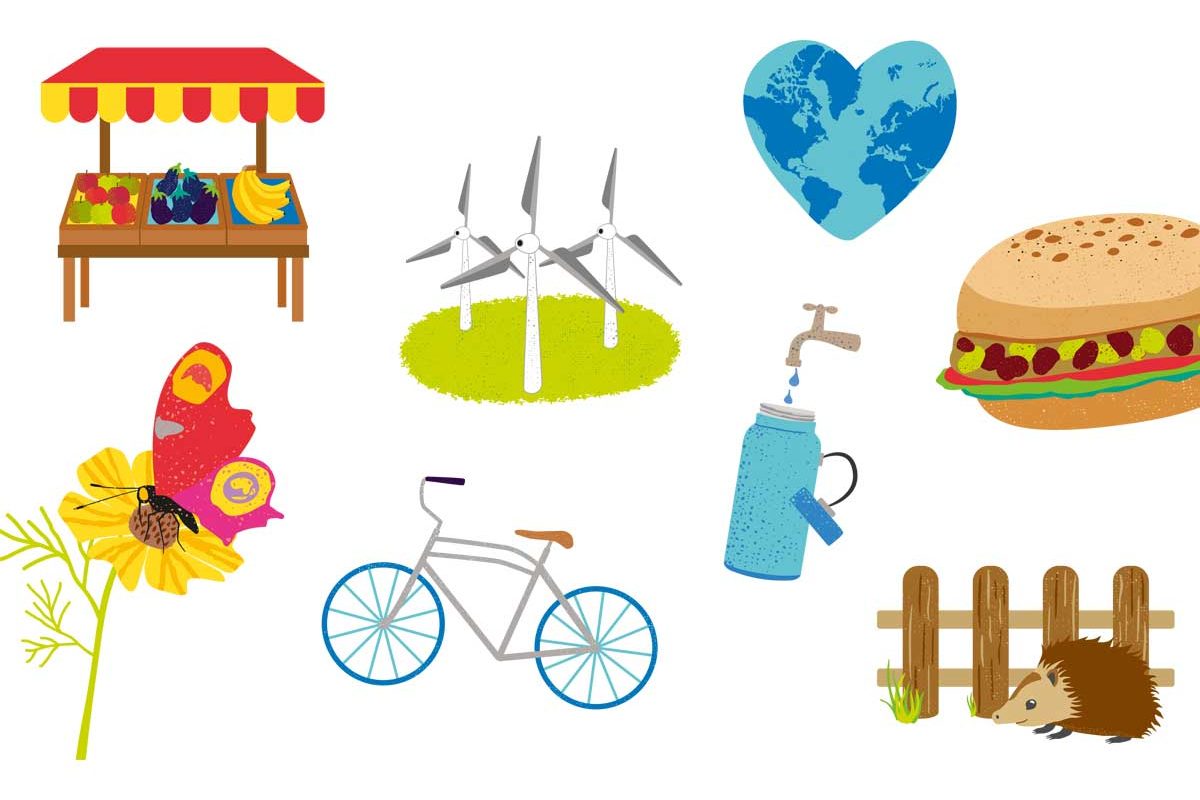 Illustrations of a veggie burger, a bike, a flower, a hedgehog, wind turbines and a market stall