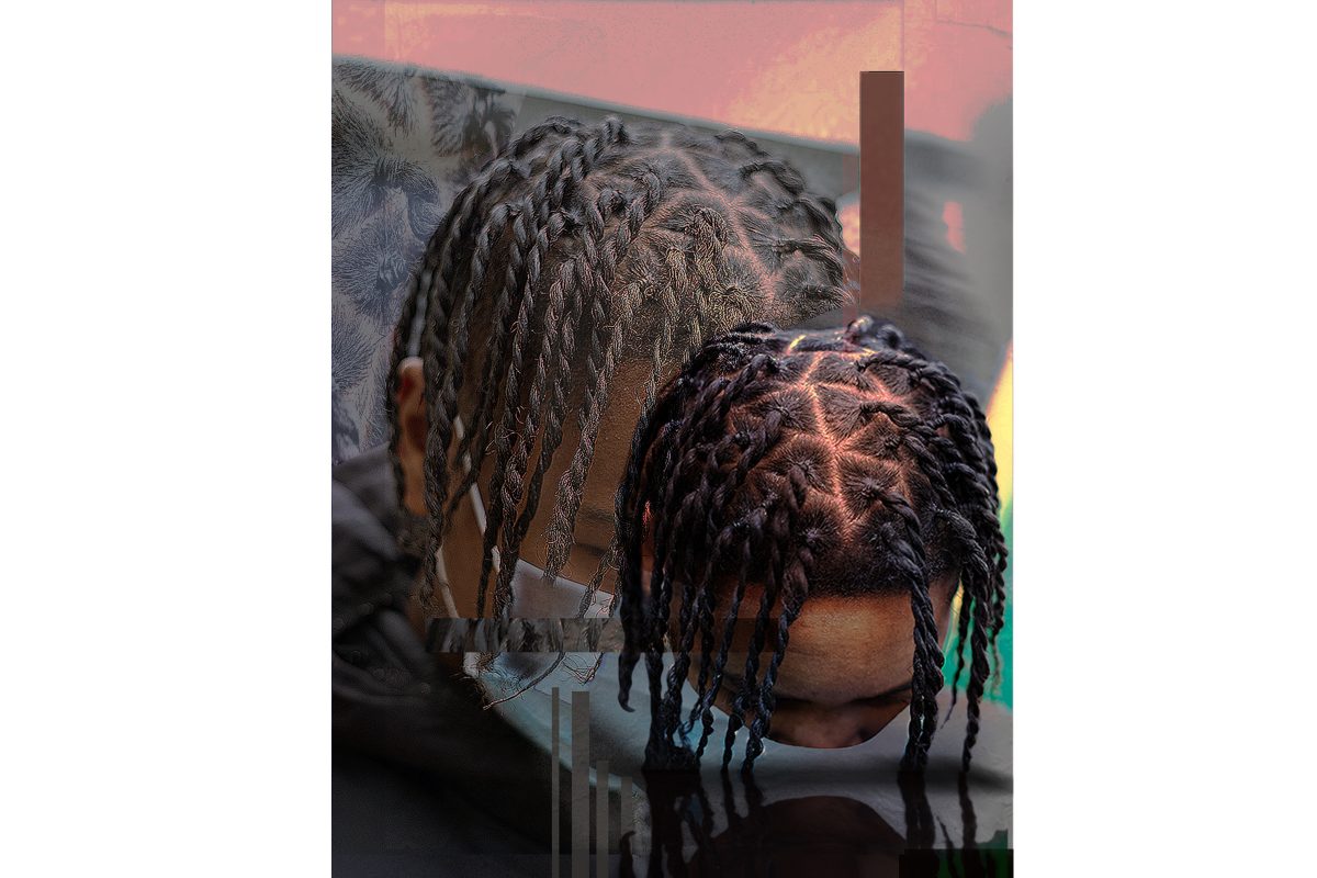 A collage style image of the top of a Black man's head with dreads - we see the image twice, repeated one in front of another