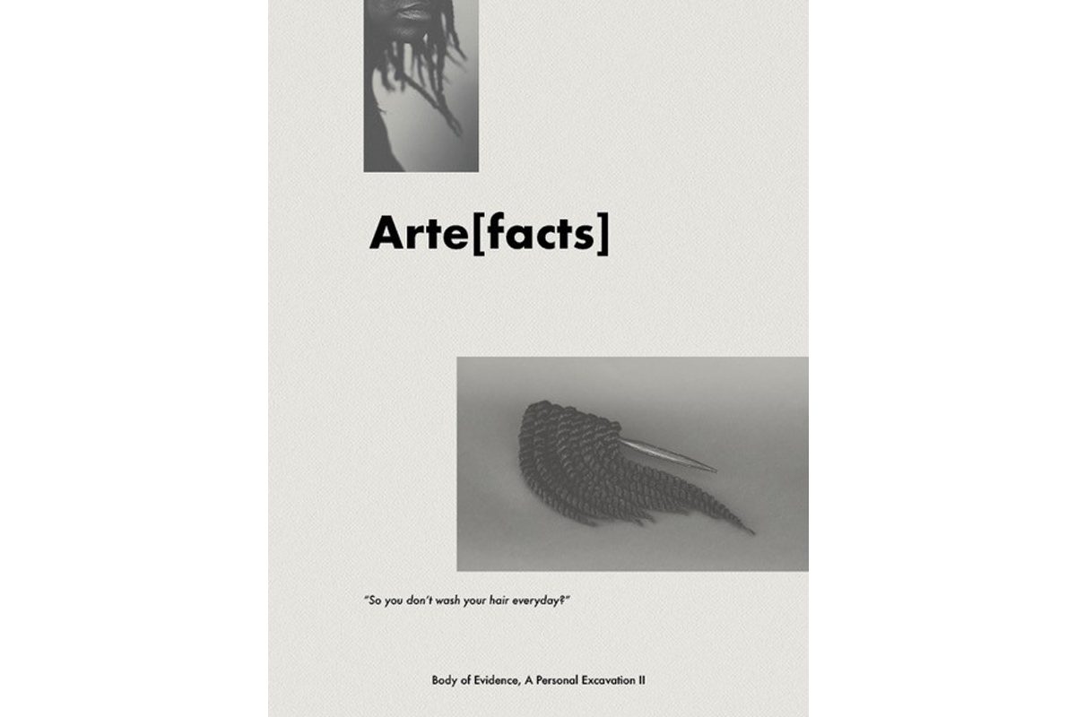 A photo of dreadlocked hair in the top right corner, and below that text which reads 'Arte[facts]'. Below that a hairbrush where the brush part is dreadlocks. Text below reads 'so you don't wash your hair everyday? Body of Evidence, a Personal Excavation II'