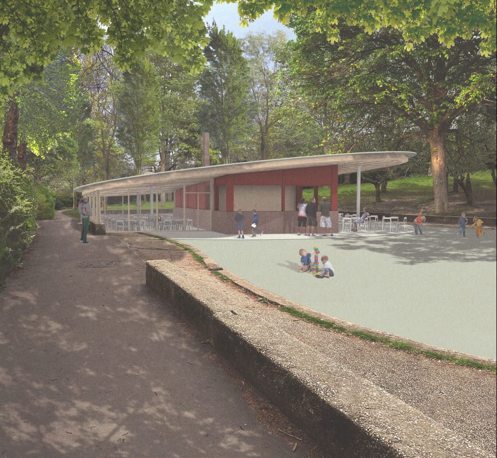 Drawing of the new cafe in the area of the current defunct boating pond