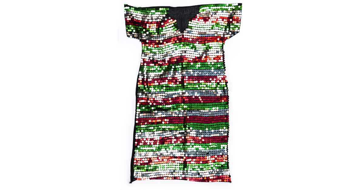 Sparkly party dress with silver, red and green sequins