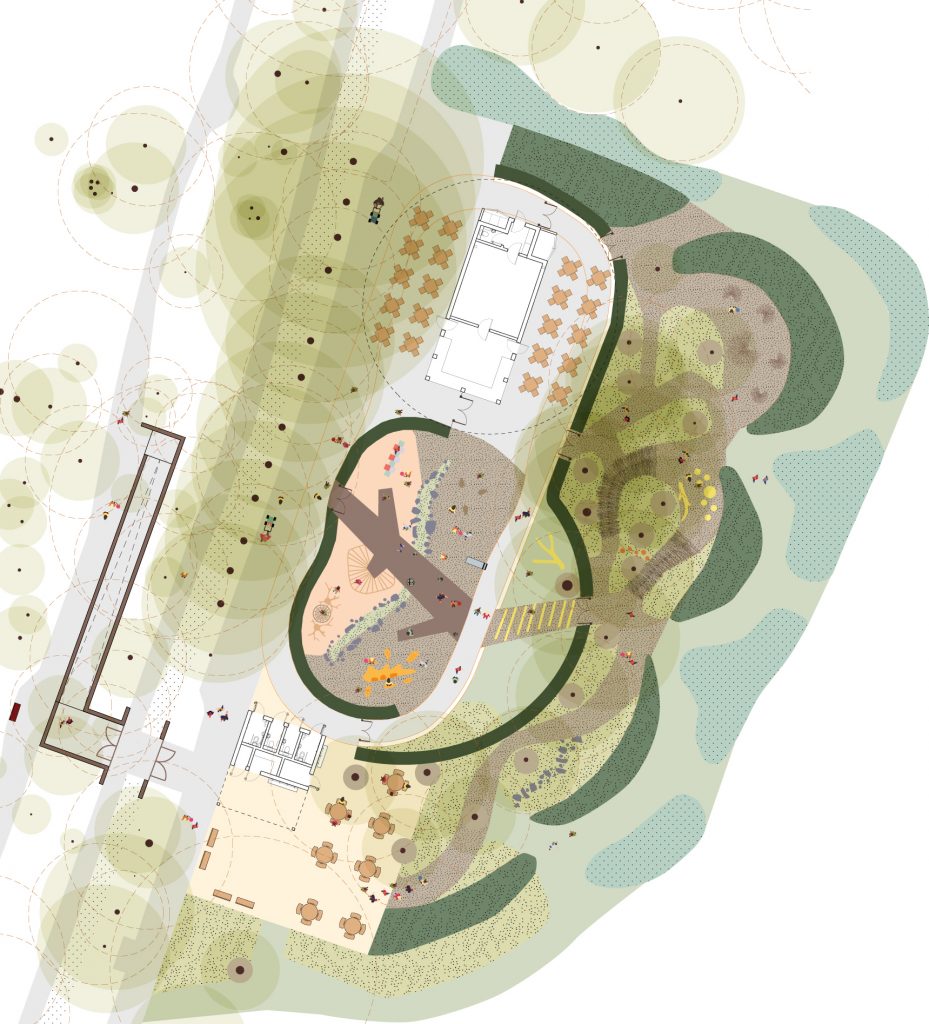 A graphic of the proposed play area and cafe on the site of the old boating lake