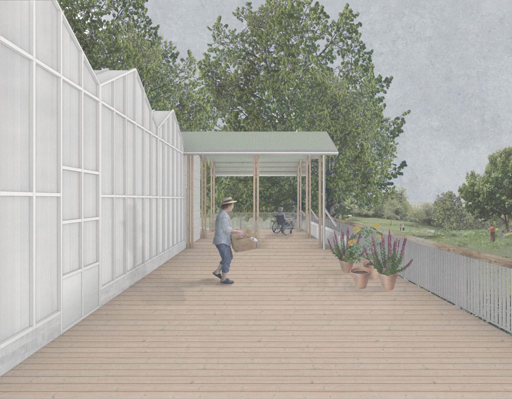 A graphic of the proposed greenhouse and covered canopy