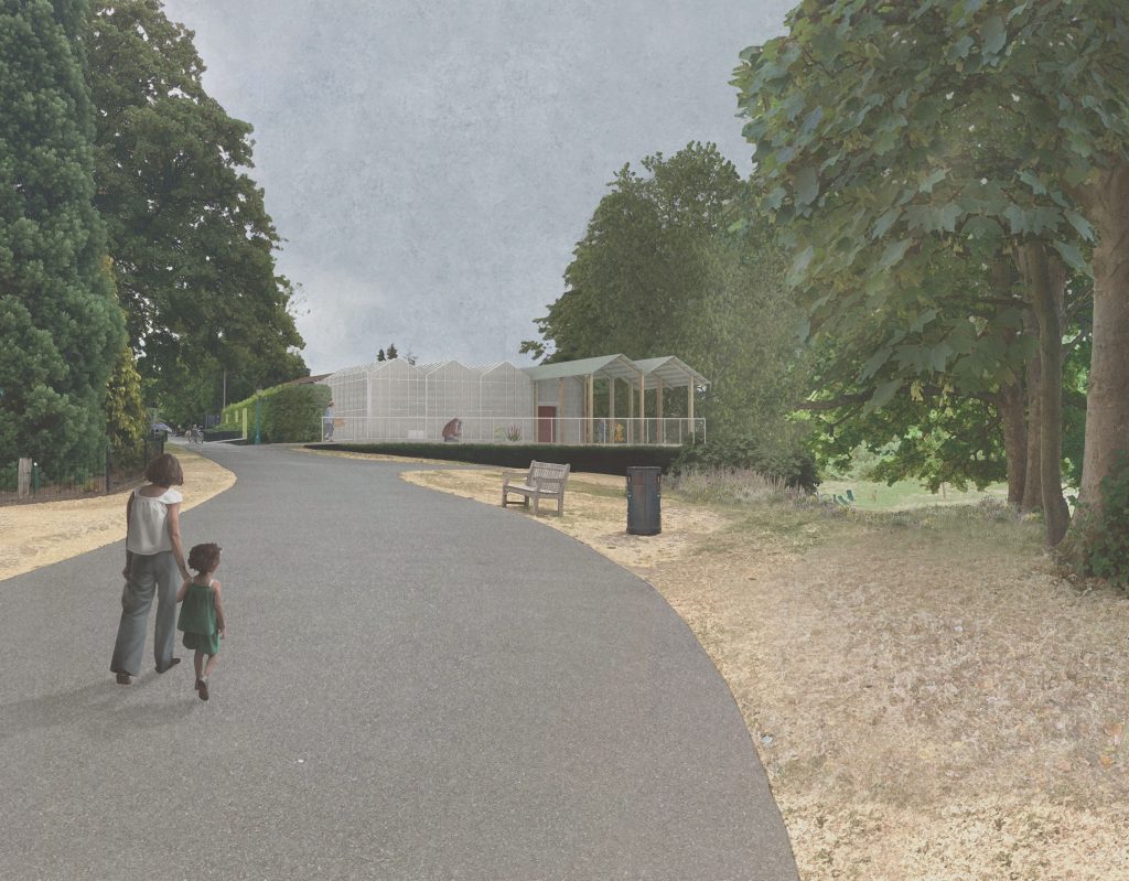 The proposed greenhouses and covered area at the top of the Gardens