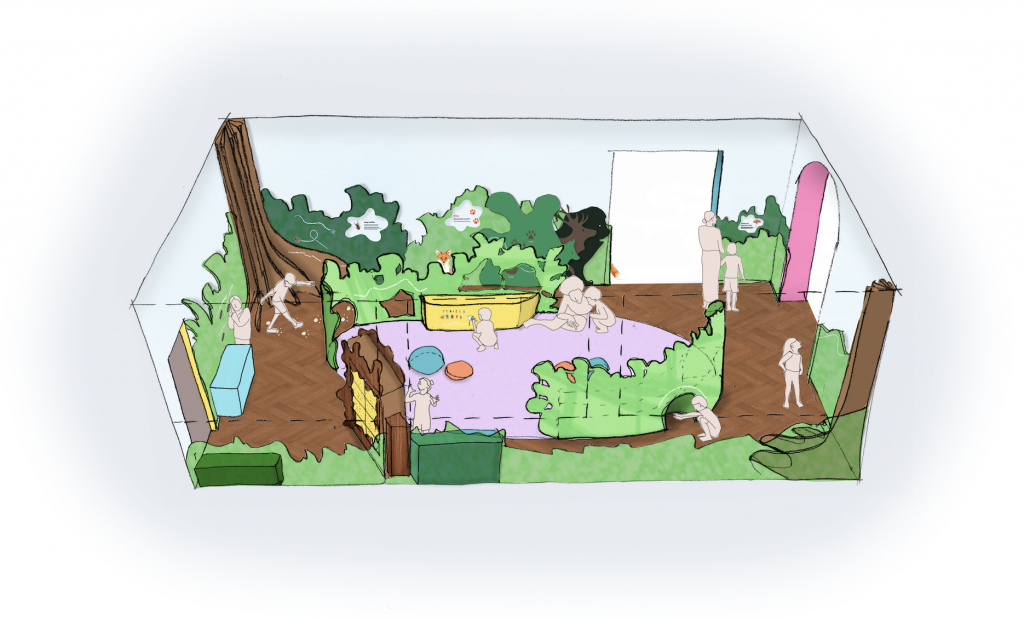 A 3D graphic of the new Nature Explorers Action Zone, a family space