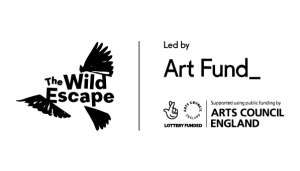 The Wild Escape logo on the left, Art Fund, Lottery and Arts Council England logos on the right
