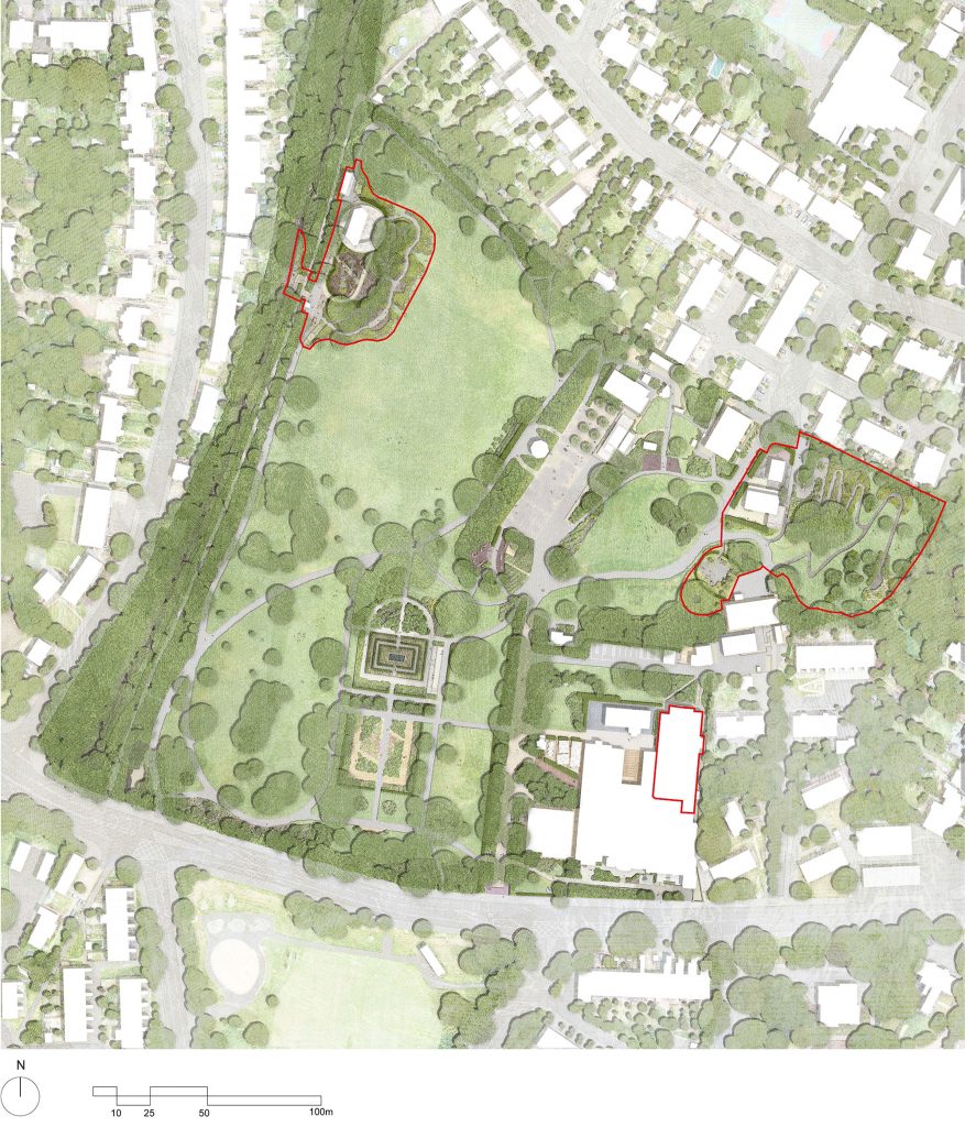 An aerial drawing of the Horniman Gardens showing areas for works in red