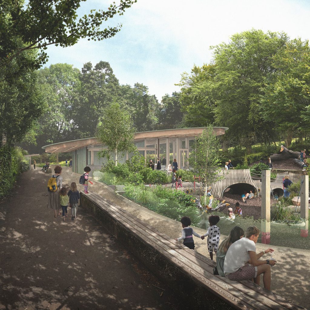 An artist's rendition of a playground and cafe in natural surrounds