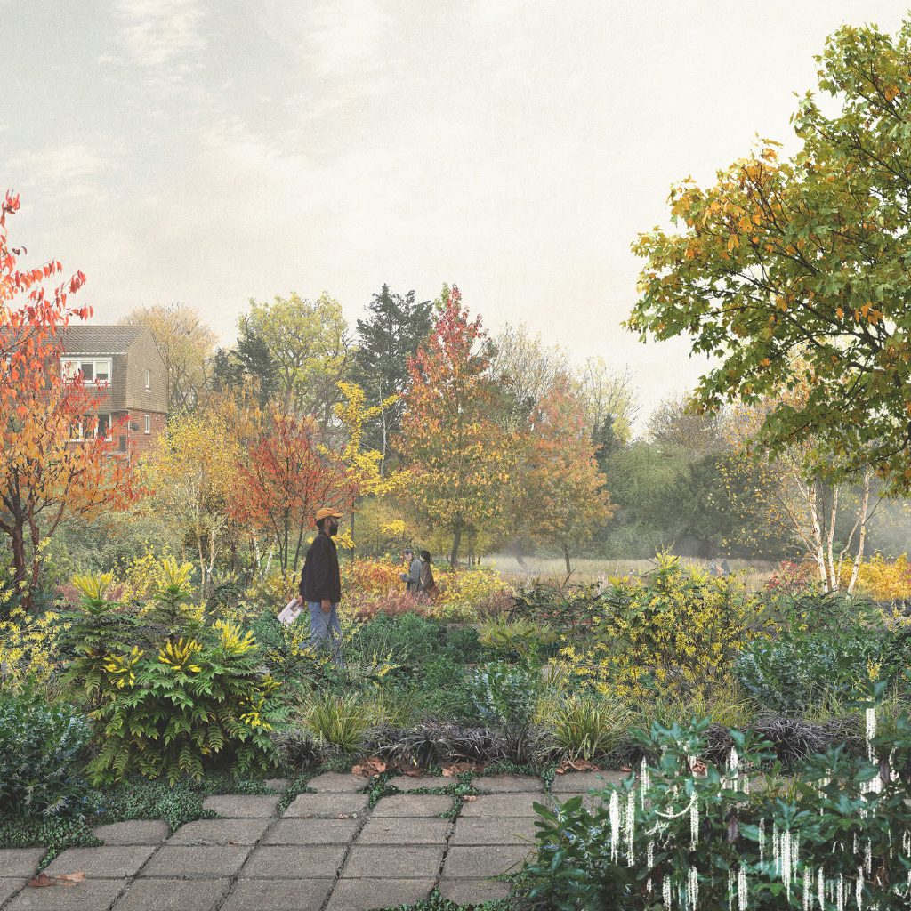 Artist's rendition of the sustainable gardening area in Autumn, with greater planting