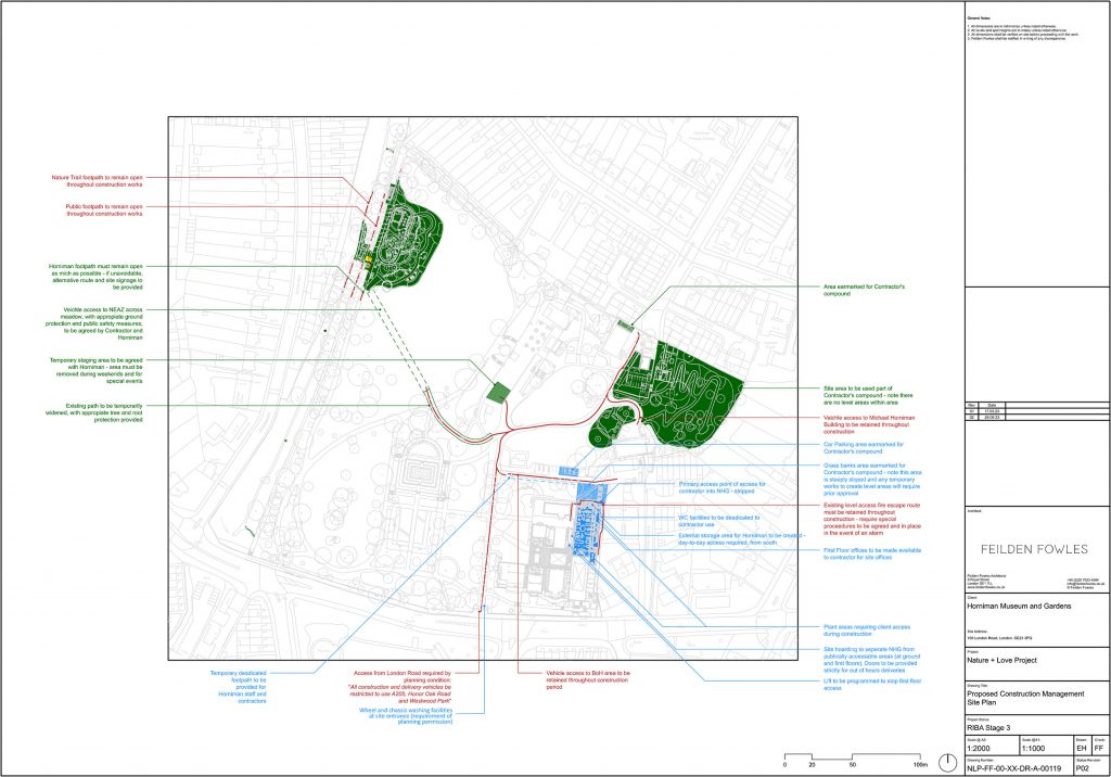 A site map of the Horniman grounds with construction elements marked