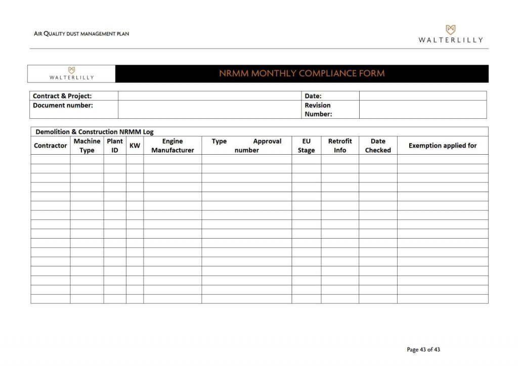 Form with columns recording contractor, machine details, date checked and whether an exemption is applied